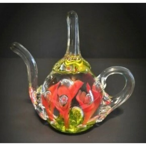 Vintage Bob St Clair Blown Glass Ring‎ Holder Paperweight Bubble Red Trumpets
